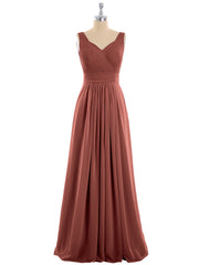 V-neck Full Length Chiffon Dress with Pleated Bodice Terracotta