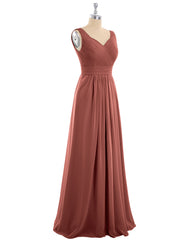 V-neck Full Length Chiffon Dress with Pleated Bodice Terracotta