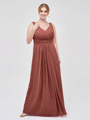 V-neck Full Length Chiffon Dress with Pleated Bodice Terracotta