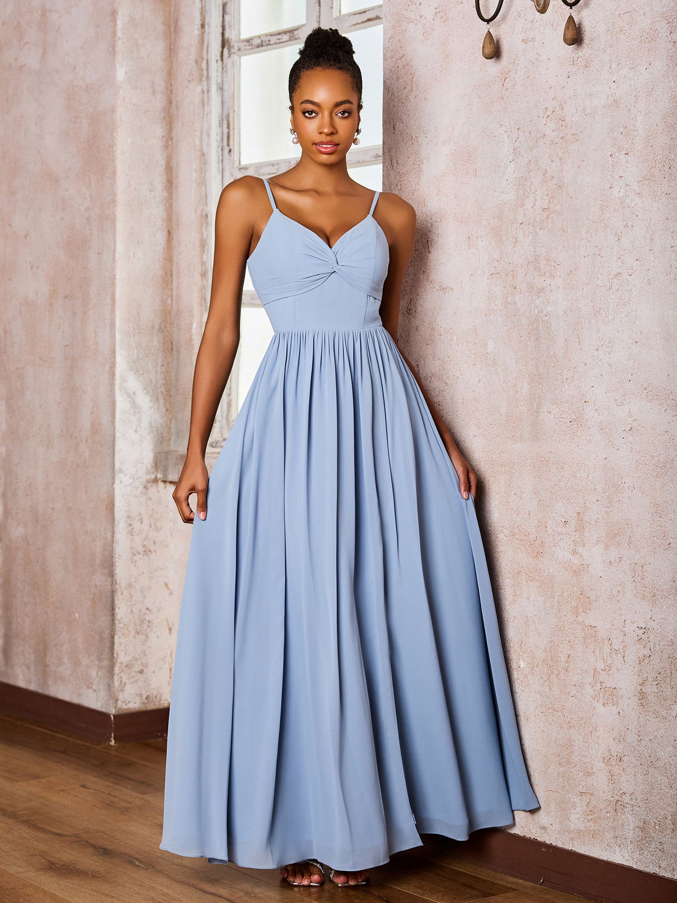 BABARONI Criss-Cross Back Spaghetti Straps V-neck A-line Slit Dress Mist, Mist / US0 BABARONI Criss-Cross Back Spaghetti Straps V-neck A-line Slit Dress Mist, Mist / US0