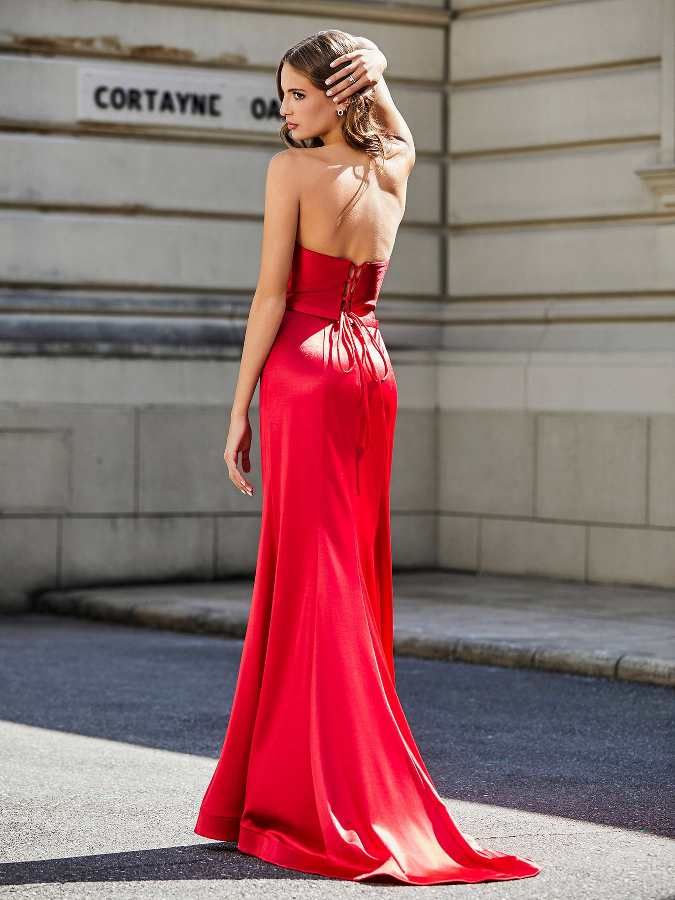 open lace back dress Strapless Long Tulle Prom Dress: La Femme 32424 Red / 00 main image 0