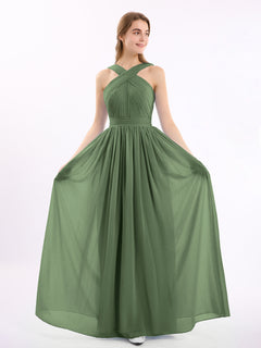 Cross Front Chiffon Long Dress with Bow Olive Green