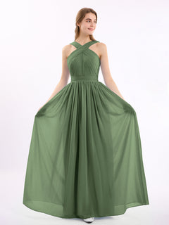 Cross Front Chiffon Long Dress with Bow Olive Green Plus Size