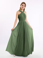 Cross Front Chiffon Long Dress with Bow Olive Green Plus Size