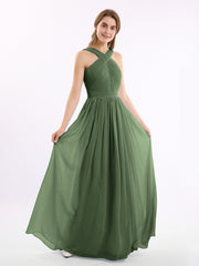 Cross Front Chiffon Long Dress with Bow Olive Green