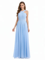 Cross Front Chiffon Long Dress with Bow Sky Blue