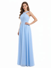 Cross Front Chiffon Long Dress with Bow Sky Blue