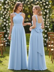 Cross Front Chiffon Long Dress with Bow Sky Blue