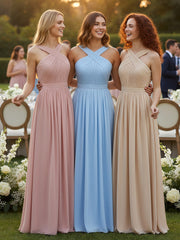 Cross Front Chiffon Long Dress with Bow Sky Blue