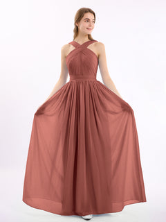 Cross Front Chiffon Long Dress with Bow Terracotta