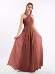 Cross Front Chiffon Long Dress with Bow Terracotta
