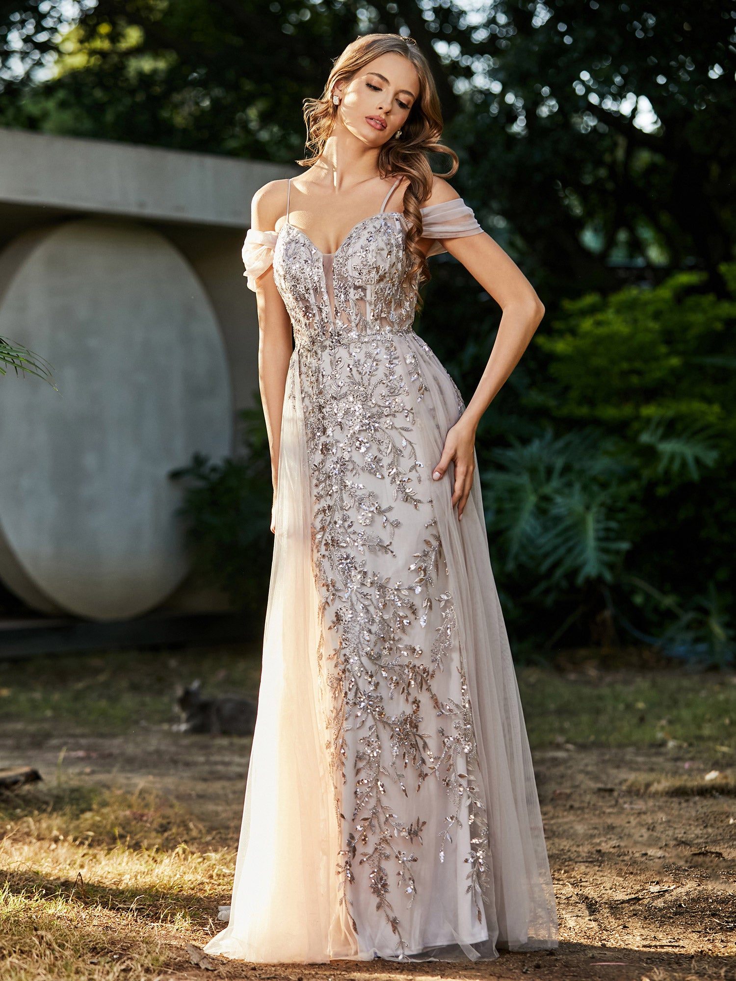 Off-the-Shoulder Beaded  Sheer Top Slim Fit Long Gown with Thigh Slit Champagne