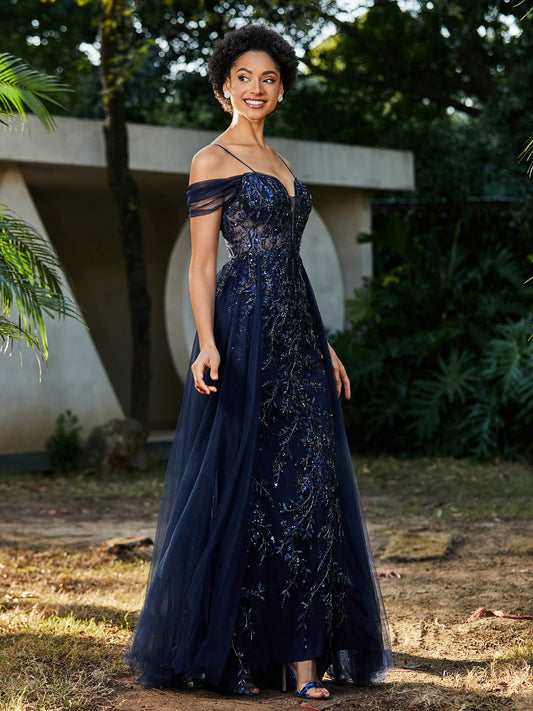 Appliques Straps Dark Navy Blue Off The Shoulder Tulle Formal Dresses main image 1