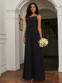 Lace Appliqued  Backless Chiffon A-Line Dress Black