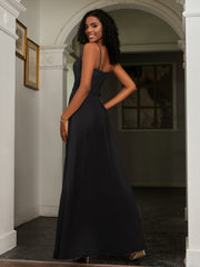 Lace Appliqued  Backless Chiffon A-Line Dress Black