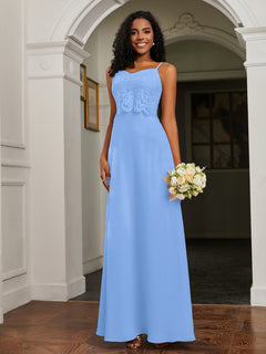Lace Appliqued  Backless Chiffon A-Line Dress Blue