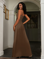 Lace Appliqued  Backless Chiffon A-Line Dress Brown