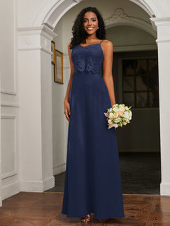 Lace Appliqued  Backless Chiffon A-Line Dress Dark Navy