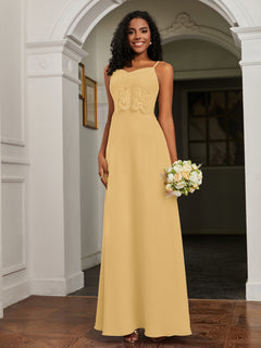 Lace Appliqued  Backless Chiffon A-Line Dress Gold