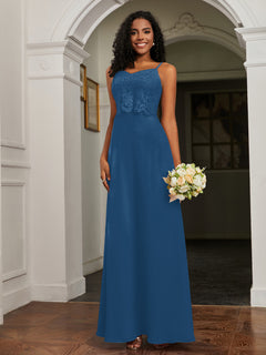 Lace Appliqued  Backless Chiffon A-Line Dress Ink Blue