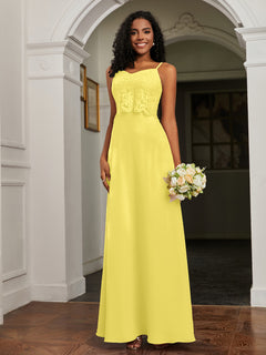 Lace Appliqued  Backless Chiffon A-Line Dress Lemon