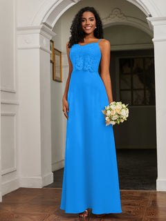 Lace Appliqued  Backless Chiffon A-Line Dress Ocean Blue