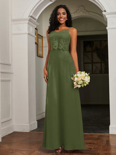 Lace Appliqued  Backless Chiffon A-Line Dress Olive Green