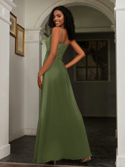 Lace Appliqued  Backless Chiffon A-Line Dress Olive Green