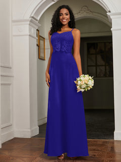 Lace Appliqued  Backless Chiffon A-Line Dress Royal Blue