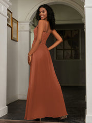 Lace Appliqued  Backless Chiffon A-Line Dress Rust