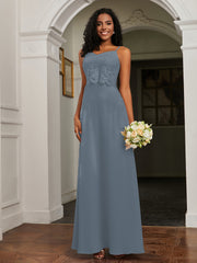 Lace Appliqued  Backless Chiffon A-Line Dress Slate Blue
