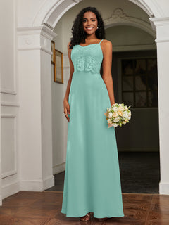 Lace Appliqued  Backless Chiffon A-Line Dress Turquoise