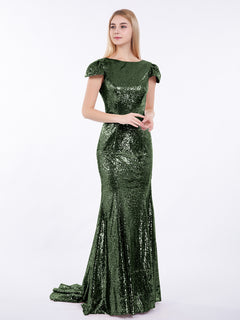 Sequins Mermaid Dress with Cap Sleeves Olive Green