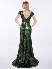 Sequins Mermaid Dress with Cap Sleeves Olive Green Plus Size