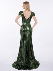 Sequins Mermaid Dress with Cap Sleeves Olive Green