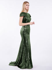 Sequins Mermaid Dress with Cap Sleeves Olive Green Plus Size