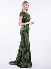 Sequins Mermaid Dress with Cap Sleeves Olive Green