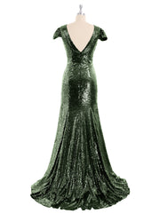 Sequins Mermaid Dress with Cap Sleeves Olive Green Plus Size