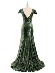 Sequins Mermaid Dress with Cap Sleeves Olive Green