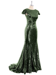 Sequins Mermaid Dress with Cap Sleeves Olive Green