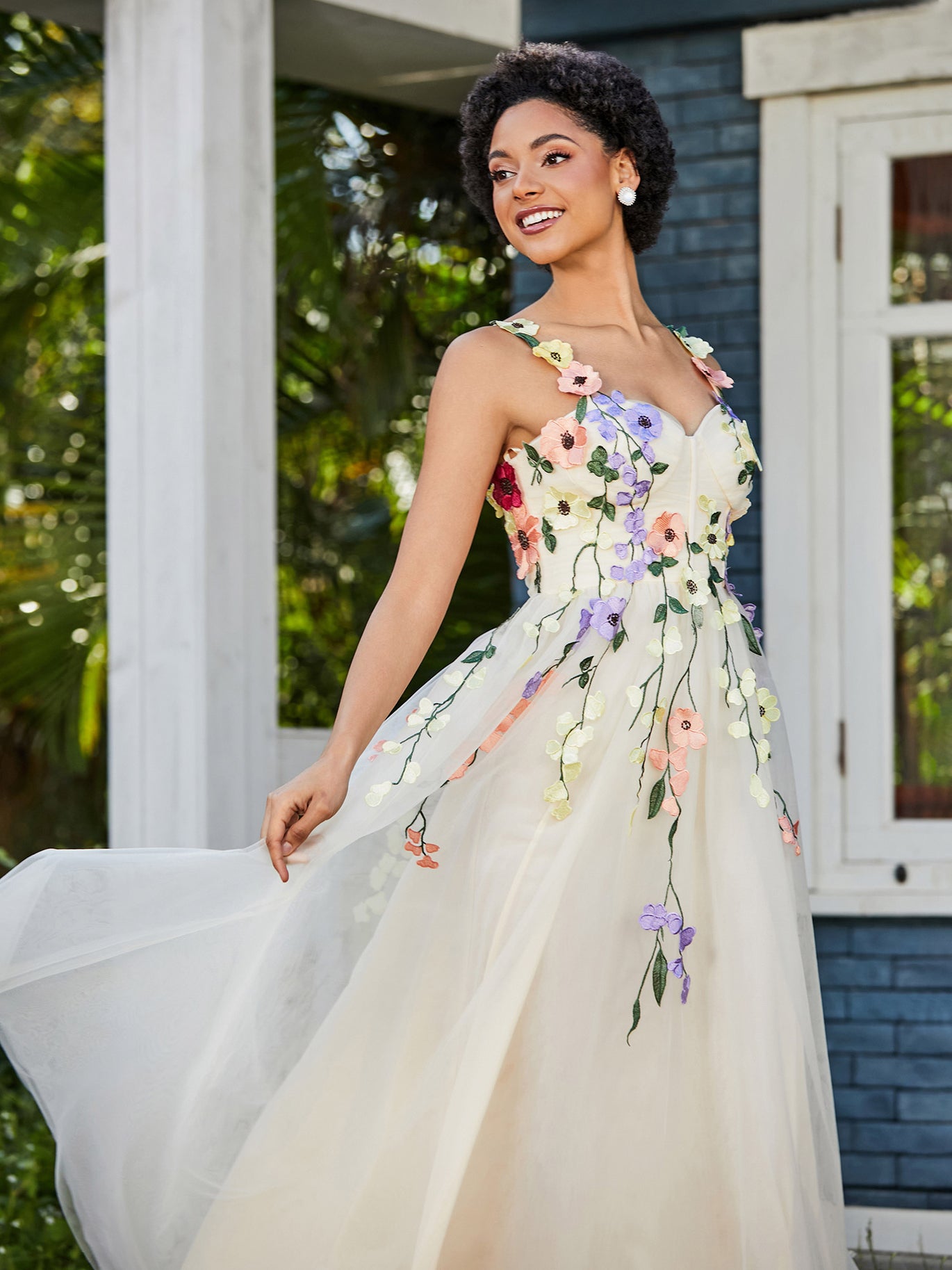 BABARONI BABARONI Tulle Daffodil Prom Dresses A-line Sweetheart Spaghetti Straps Floral Ruched, Daffodil / US0