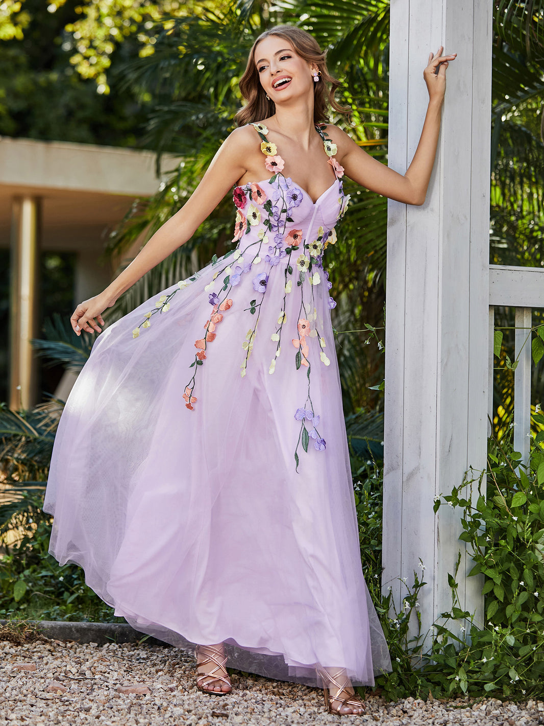 Turtleneck Floral Lace Tulle Gown
