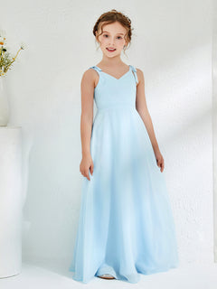 V-neck Ruched Floor-length Junior Bridesmaid Dresses Sky Blue