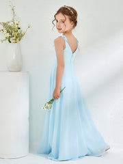 V-neck Ruched Floor-length Junior Bridesmaid Dresses Sky Blue