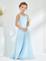 V-neck Ruched Floor-length Junior Bridesmaid Dresses Sky Blue