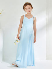 V-neck Ruched Floor-length Junior Bridesmaid Dresses Sky Blue