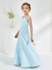 V-neck Ruched Floor-length Junior Bridesmaid Dresses Sky Blue