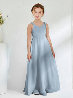 V-neck Ruched Floor-length Junior Bridesmaid Dresses Dusty Blue