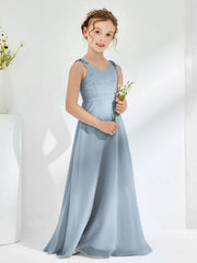 V-neck Ruched Floor-length Junior Bridesmaid Dresses Dusty Blue