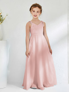 V-neck Ruched Floor-length Junior Bridesmaid Dresses Dusty Rose